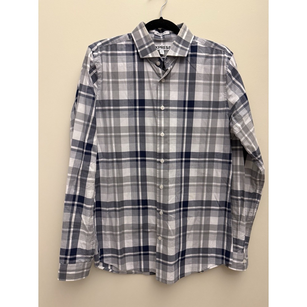 Express Shirt Mens Medium Gray Plaid Extra Slim Fit Long Sleeve Button Up Cotton